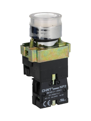 [NP2-BW3161W] NP2-BW3161W — PULSADOR METALICO 2 TORNILLOS UL LED BLANCO, NA 230V BASE METALICA ø22mm *NO SON A PRUEBA DE EXPLOSION*