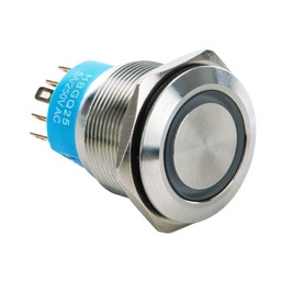 [AU-120] AU-120 — SWITCH MOMENTANEO CON BOTON RESTADO NDO METALICO ILUMINADO AZUL, NA Ó NC, 125VCA/3A,  (ANTIVANDALICO) 25mm