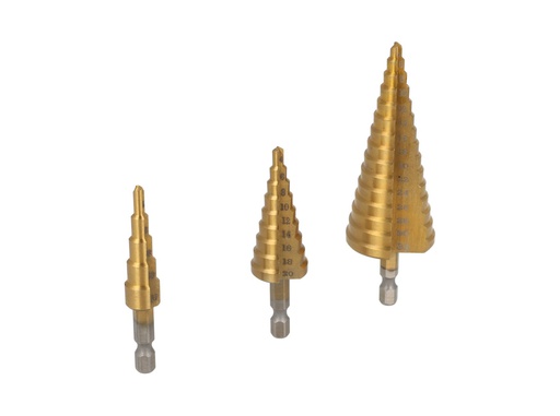 [TP-CB3-432] TP-CB3-432 — BROCAS CONICAS JUEGO DE 3 PIZAS. 4-12, 4-20, 4-32mm, PARA MADERA, PLASTICO Y METAL A BAJA Y MEDIA VELOCIAD Y OTROS MATERIALES