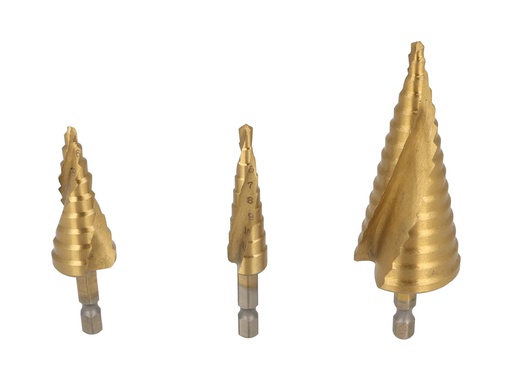 [TP-SB3-432] TP-SB3-432 — BROCAS CONICAS EN ESPIRAL JUEGO DE 3 PIEZAS 4-12, 4-20, 4-32mm, PARA MADERA, PLASTICO Y METAL A BAJA Y MEDIA VELOCIDAD Y OTROS MATERIALES.