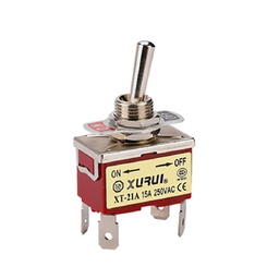 [XT-21A] XT-21A — INTERRUPTORES DE PALANCA 4 TERMINALES, Número de polos: 2  Posiciones: ON-OFF  Capacidad: 20/15A  125/277VAC 2HP 125/277VAC 1.5HP   125/277VAC para un pulso momentaneo Terminales: 4 lenguetas de 6.3mm Montaje: Diametro 12mm Certificados: UL1054    E200089