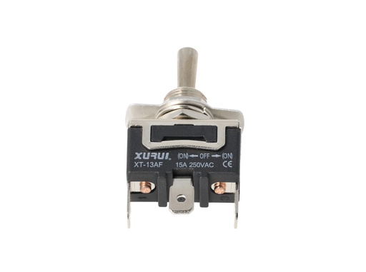 [XT-13AF] XT-13AF — INTERRUPTORES DE PALANCA 3 TERMINALES, Número de polos: 1  Posiciones: PULS-OFF-PULS  Capacidad: 20/15A  125/277VAC  2HP 125/277VAC 1.5HP   125/277VAC para un pulso momentaneo Terminales: 3 lenguetas de 6.3mm  Montaje: Diametro 12mm